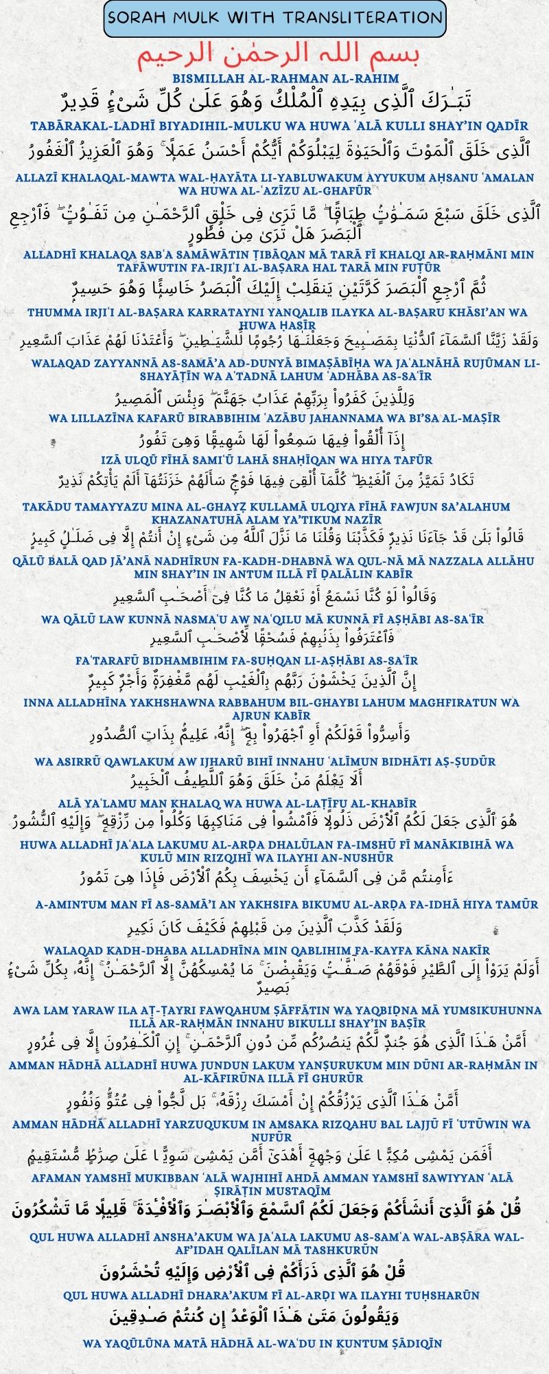 surah mulk transiletration, surah mulk in arabic